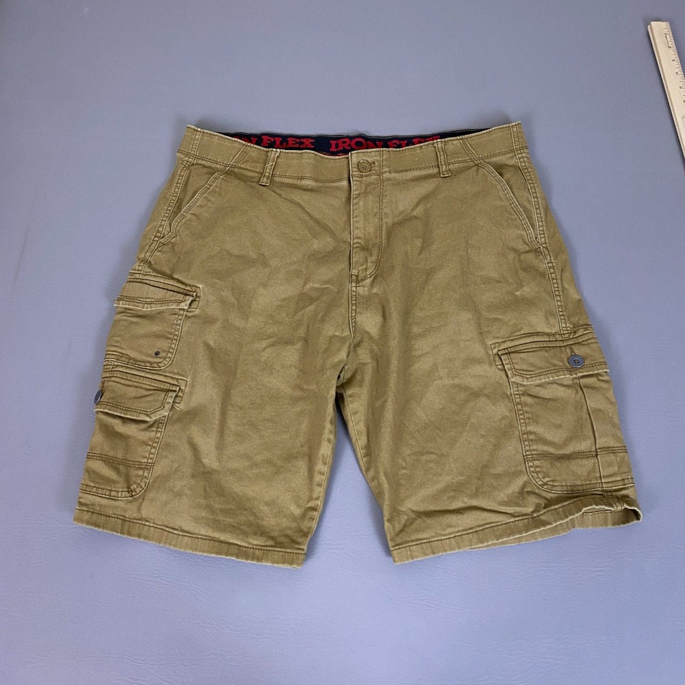 Iron Flex Cargo Shorts Mens Size 38 Mens Khaki Tan Stretch Cotton Casual Outdoor